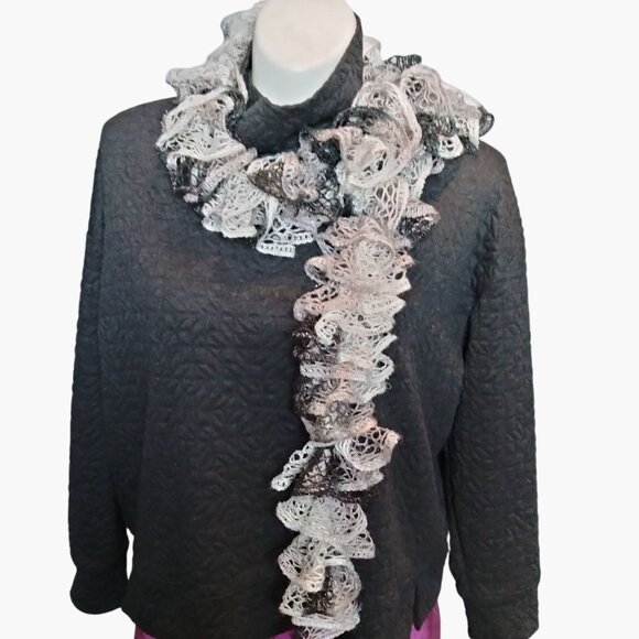Handmade Black White Scarf Ruffled Crochet Lace 4x80 - Picture 1 of 4